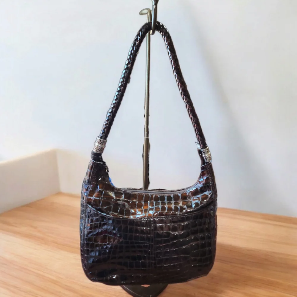 **Brighton Barbados Espresso Croc Shoulder Bag with Turquoise interior fabric